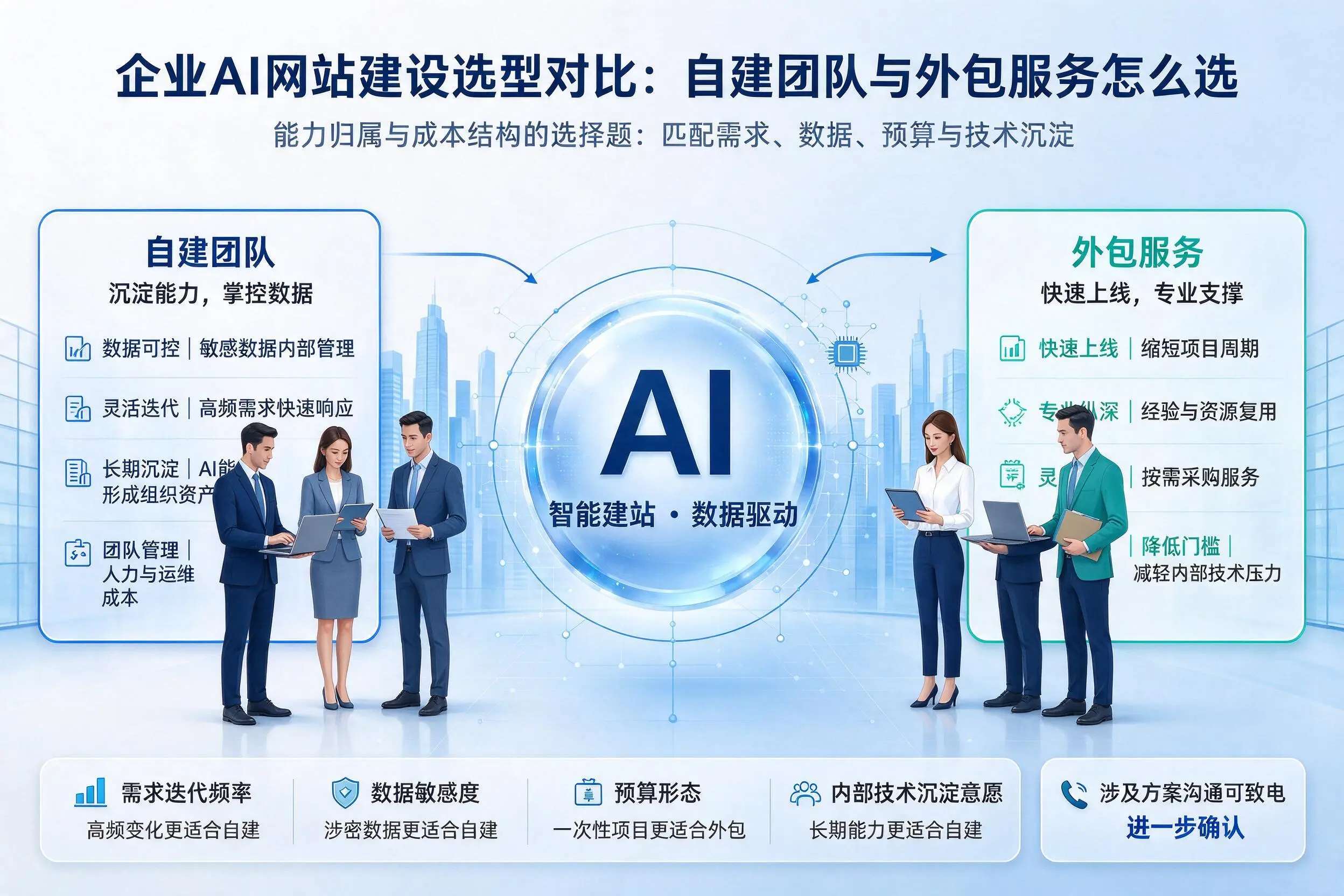 哈密企业AI网站建设选型对比：自建团队与外包服务怎么选